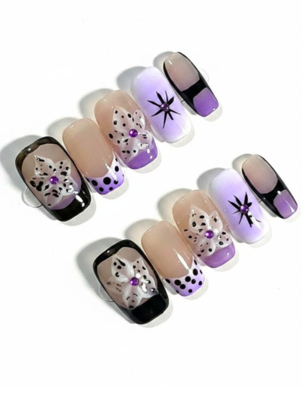 Purple & Black Floral Press-On Nails | Lavender Polka Dots & 3D Flower Nail Art